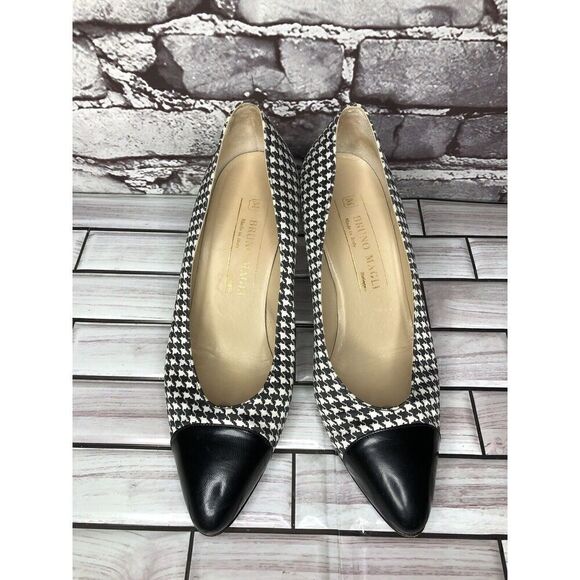 Vintage 80's BRUNO MAGLI Black White Pattern Cap Toe Heels Women Sz 6B US/36.5EU - Picture 10 of 16